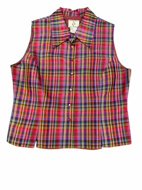 Vintage ICE 100% Silk Madras Plaid Blouse Women’s Large Multicolor Button Front